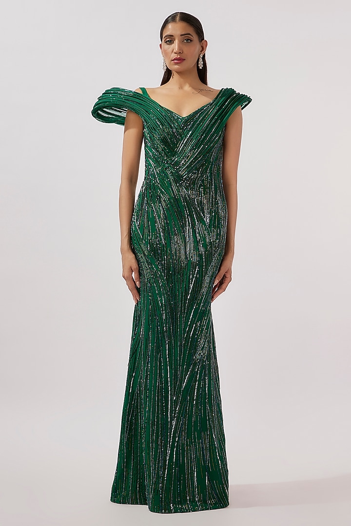 Emerald Crepe Glass Beads Embroidered Gown by Gaurav Gupta