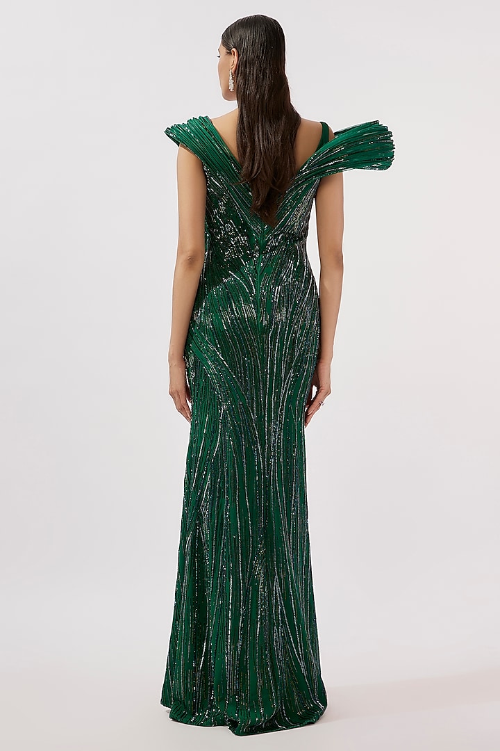 Emerald Crepe Glass Beads Embroidered Gown by Gaurav Gupta at Pernia's ...