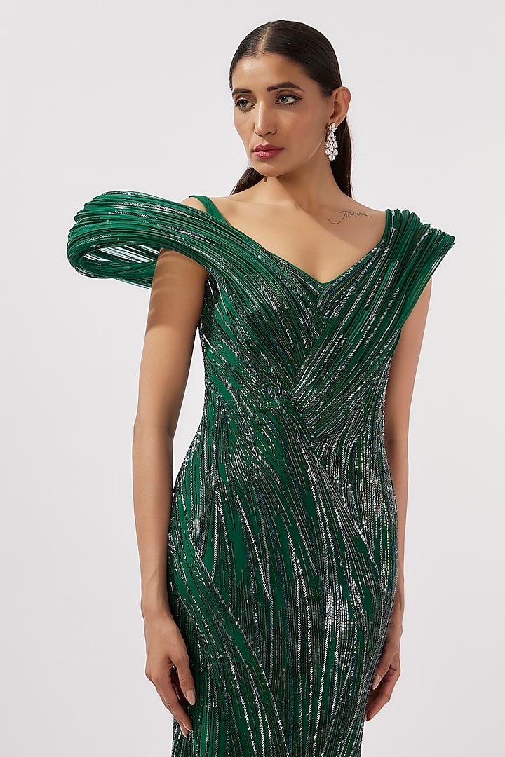 Emerald Crepe Glass Beads Embroidered Bridal Gown by Gaurav Gupta at Pernia's Pop Up Shop