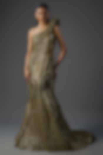 Gold Polyester Sequin Sculpted One Shoulder Bridal Gown by Gaurav Gupta at Pernia's Pop Up Shop