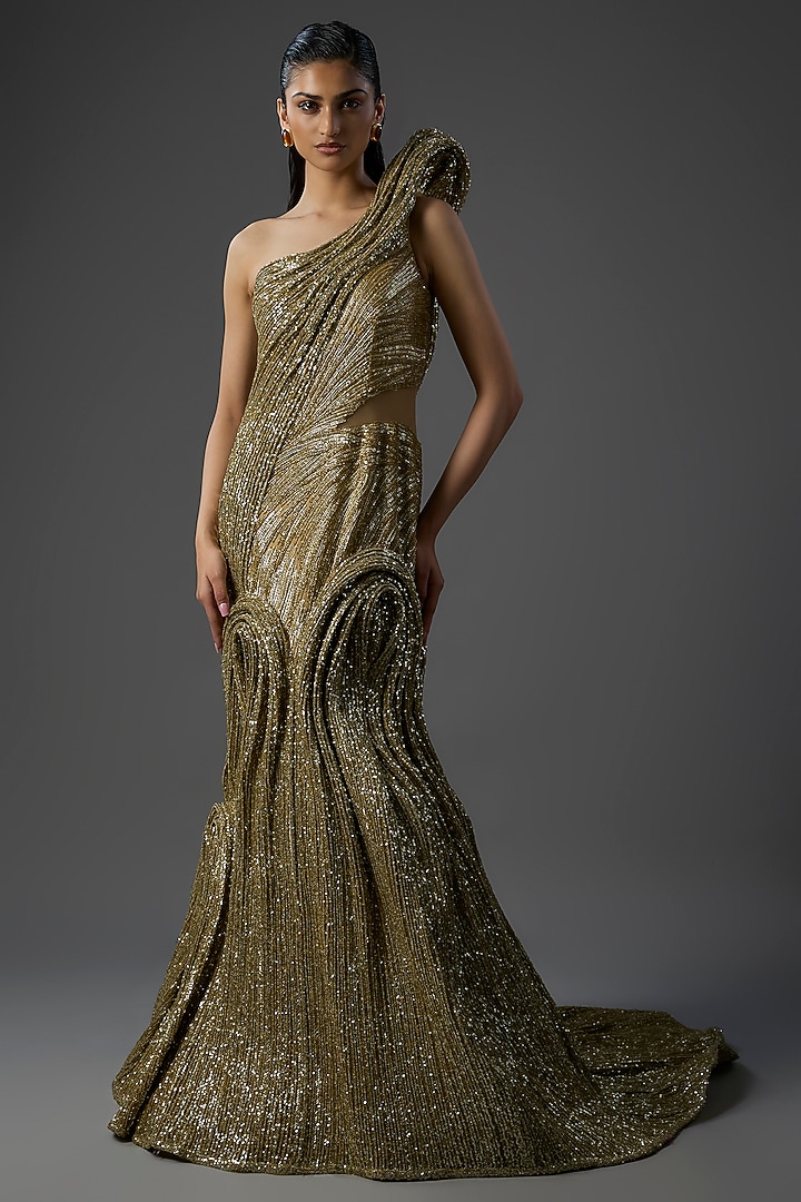 Gold Polyester Sequin Sculpted One Shoulder Bridal Gown by Gaurav Gupta at Pernia's Pop Up Shop
