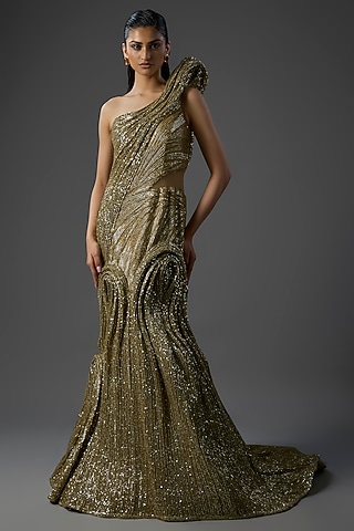 Gold Polyester Sequin Sculpted One Shoulder Gown by Gaurav Gupta