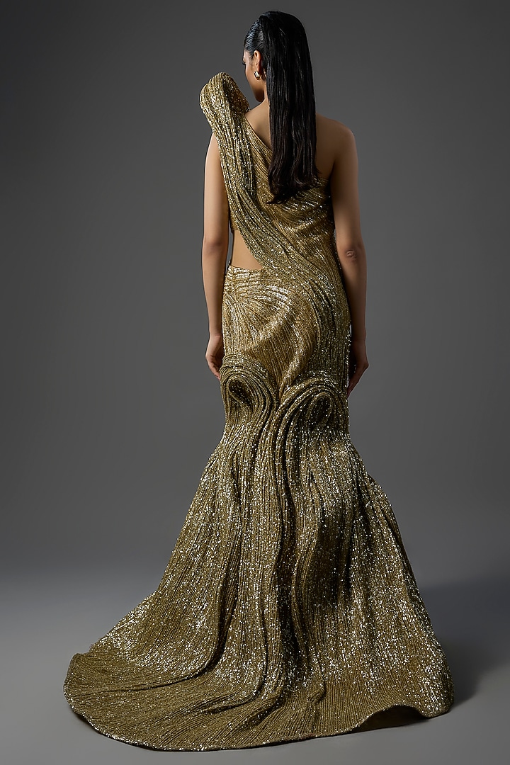 Gold Polyester Sequin Sculpted One Shoulder Bridal Gown by Gaurav Gupta at Pernia's Pop Up Shop