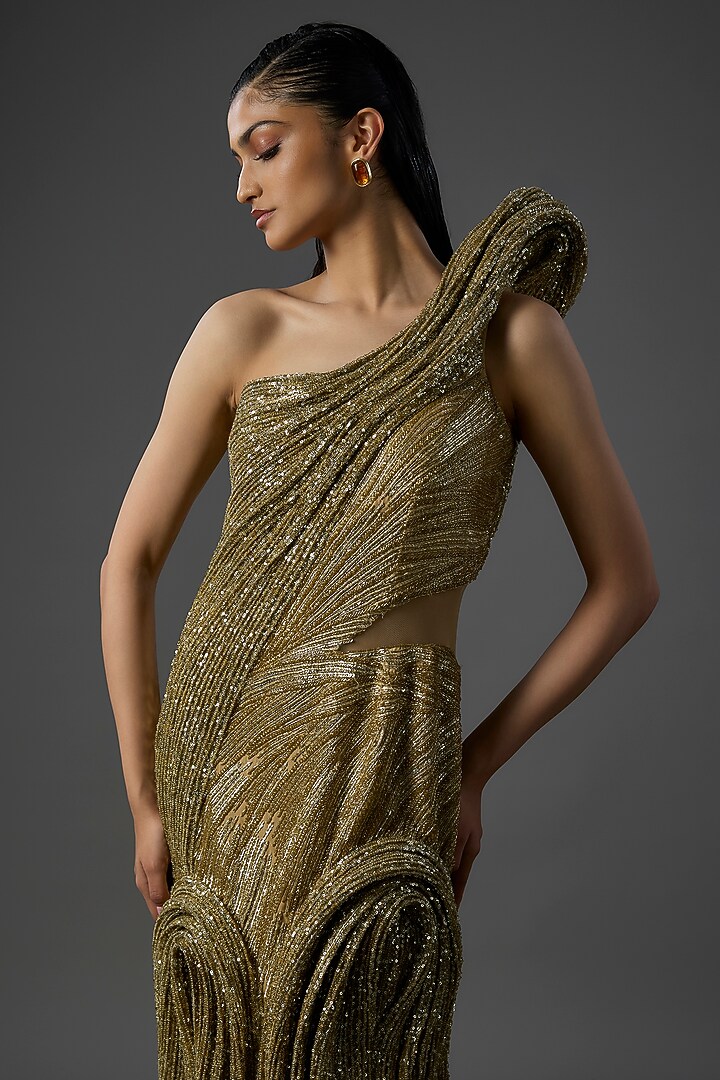 Gold Polyester Sequin Sculpted One Shoulder Bridal Gown by Gaurav Gupta at Pernia's Pop Up Shop
