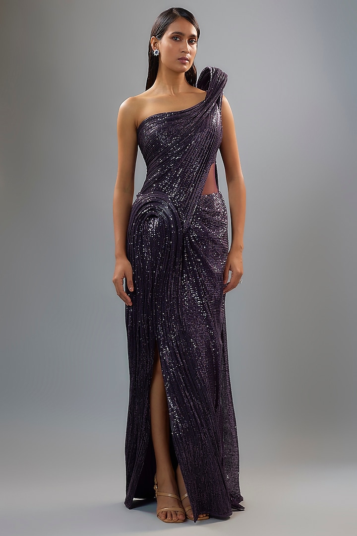 Grape Purple Sequins Bugle Bead Embroidered Sculpted Gown Saree by Gaurav Gupta at Pernia's Pop Up Shop