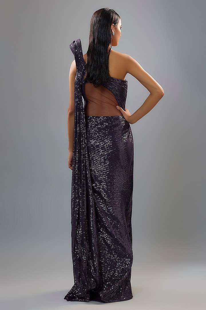 Grape Purple Sequins Bugle Bead Embroidered Sculpted Bridal Gown Saree by Gaurav Gupta at Pernia's Pop Up Shop
