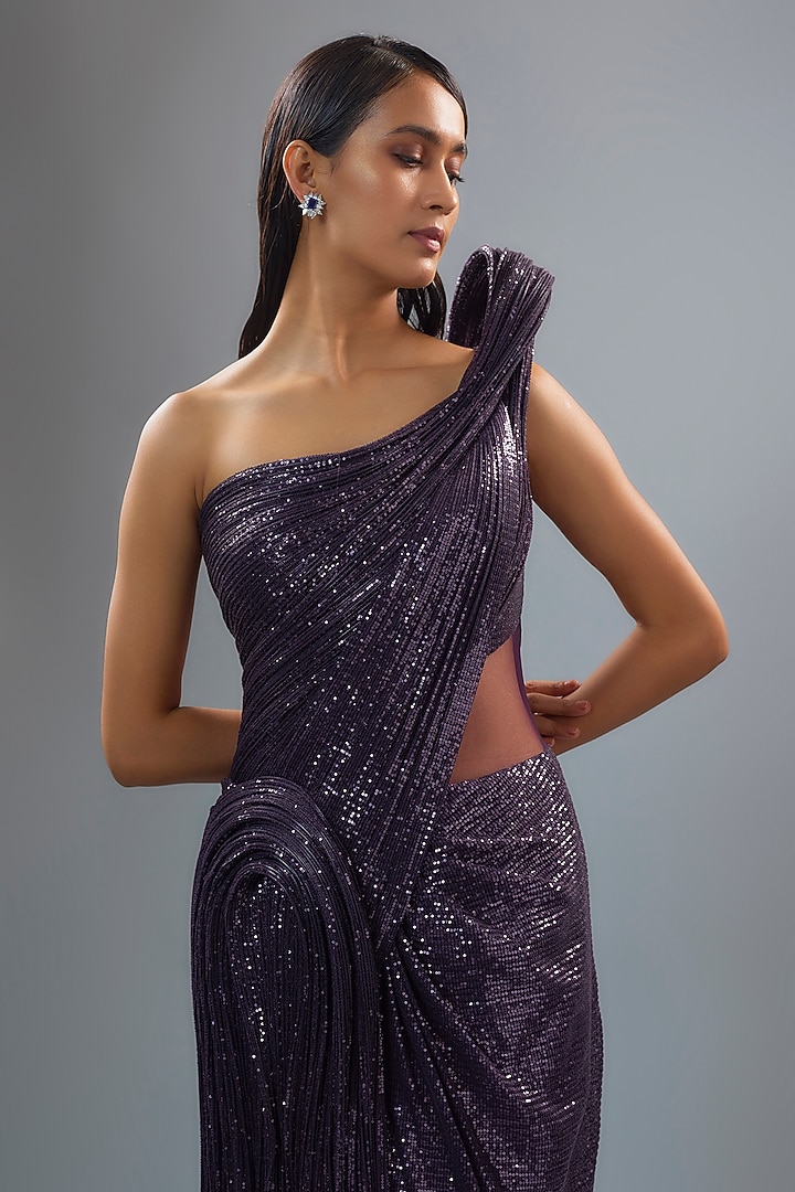 Grape Purple Sequins Bugle Bead Embroidered Sculpted Bridal Gown Saree by Gaurav Gupta at Pernia's Pop Up Shop
