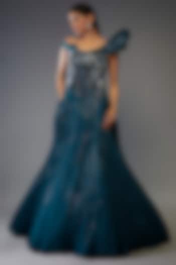 Teal Sapphire Polyester Crepe Sculpted Bridal Gown by Gaurav Gupta at Pernia's Pop Up Shop
