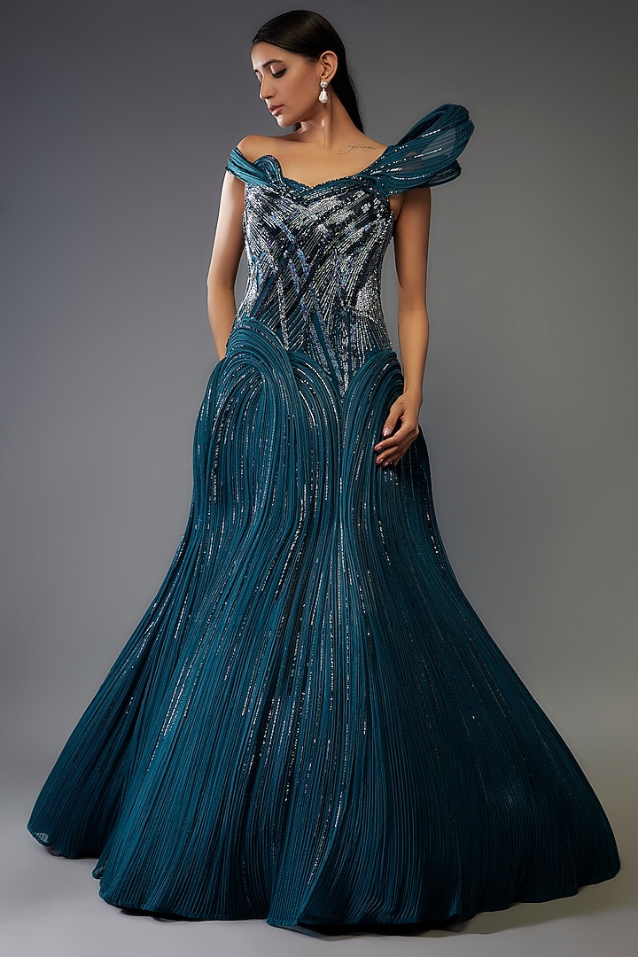 Teal Sapphire Polyester Crepe Sculpted Bridal Gown by Gaurav Gupta at Pernia's Pop Up Shop