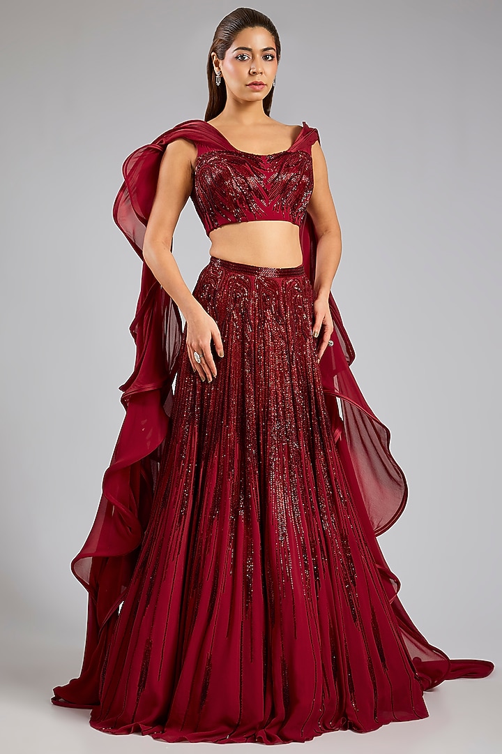 Red Rayon & Georgette Bridal Lehenga Set by Gaurav Gupta at Pernia's Pop Up Shop