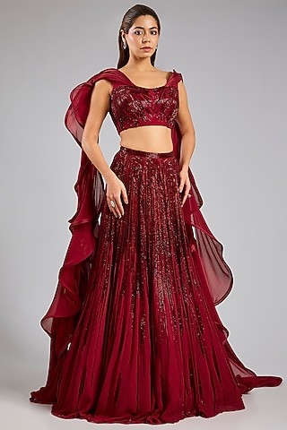 Red Rayon & Georgette Lehenga Set by Gaurav Gupta