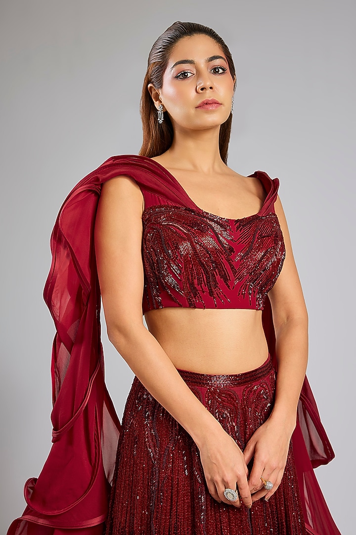 Red Rayon & Georgette Bridal Lehenga Set by Gaurav Gupta at Pernia's Pop Up Shop