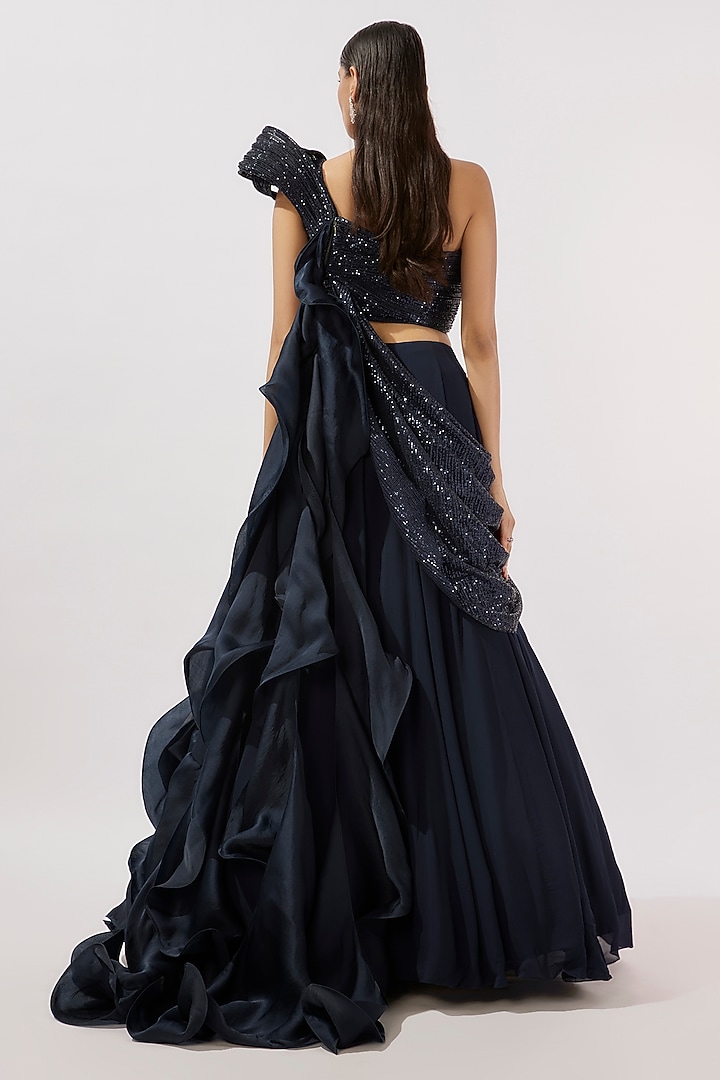 Midnight Blue Sequins Ruffled Bridal Lehenga Saree Set by Gaurav Gupta at Pernia's Pop Up Shop