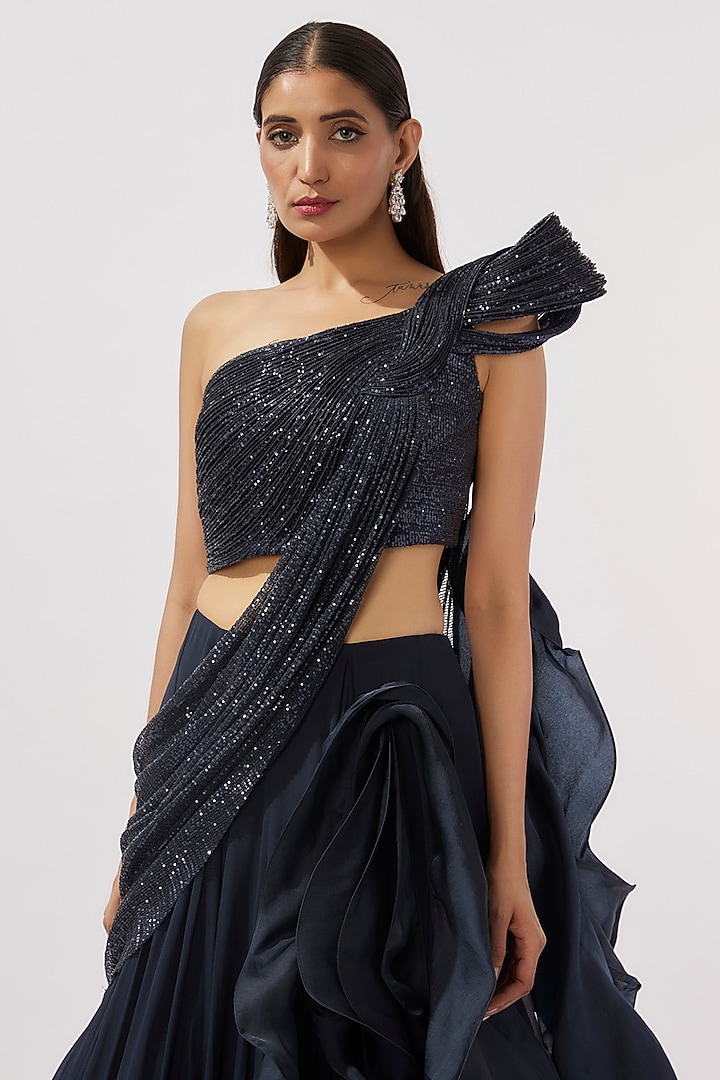 Midnight Blue Sequins Ruffled Bridal Lehenga Saree Set by Gaurav Gupta at Pernia's Pop Up Shop