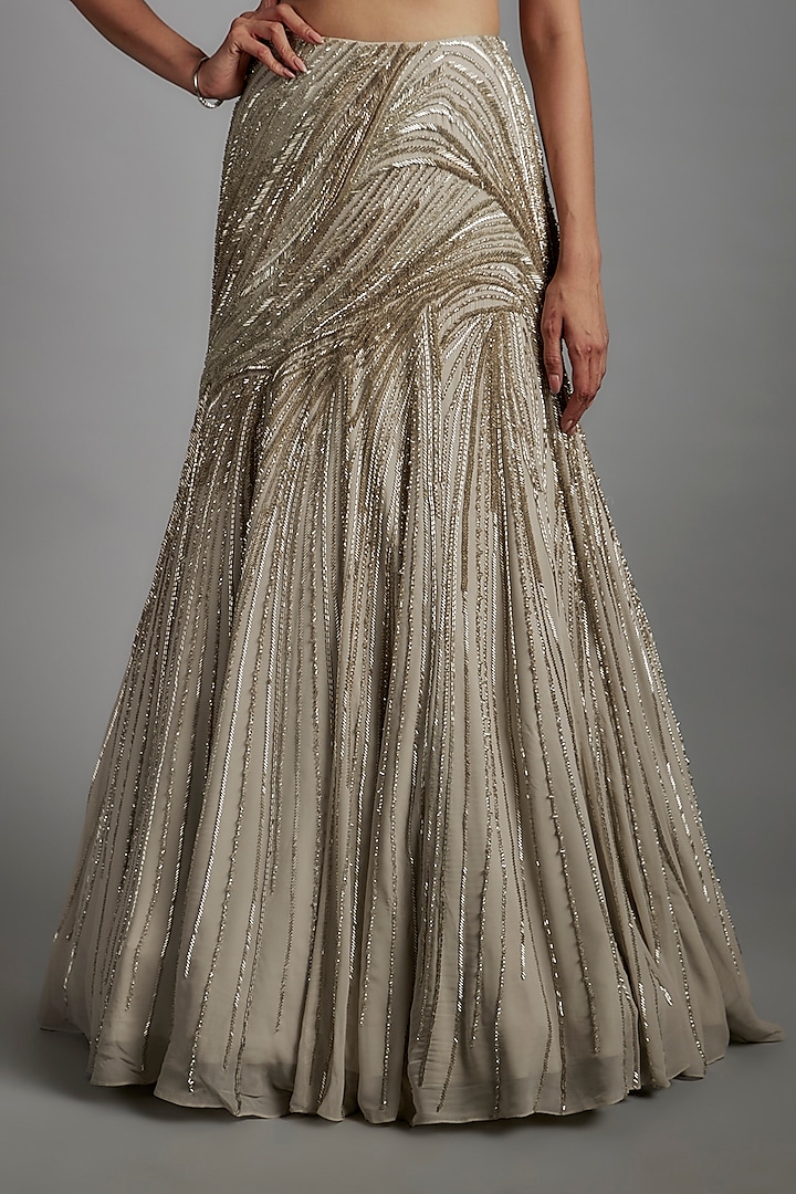 Sage Gold Viscose Georgette Bugle Bead Embroidered Bridal Lehenga Set by Gaurav Gupta at Pernia's Pop Up Shop