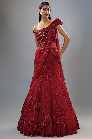 Lava Red Georgette Bugle Bead Embroidered Lehenga Saree by Gaurav Gupta