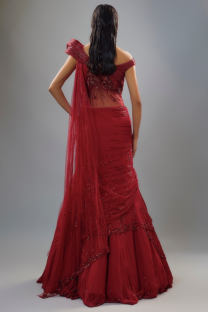 Lava Red Georgette Bugle Bead Embroidered Bridal Lehenga Saree by Gaurav Gupta at Pernia's Pop Up Shop