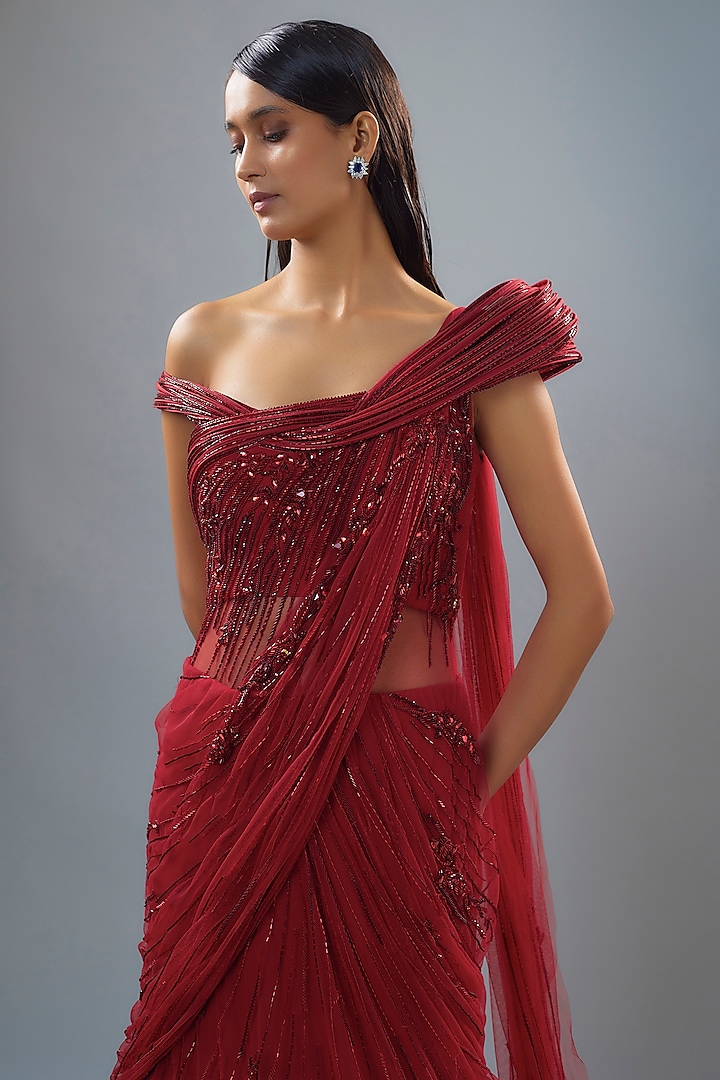 Lava Red Georgette Bugle Bead Embroidered Bridal Lehenga Saree by Gaurav Gupta at Pernia's Pop Up Shop