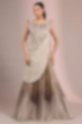 Sage Gold Woven Rayon Georgette Sculpted Bridal Lehenga Saree by Gaurav Gupta at Pernia's Pop Up Shop