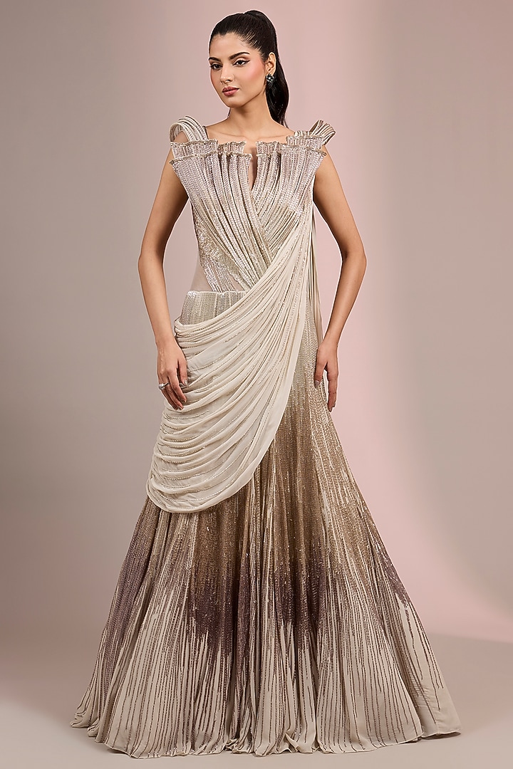 Sage Gold Woven Rayon Georgette Sculpted Bridal Lehenga Saree by Gaurav Gupta at Pernia's Pop Up Shop