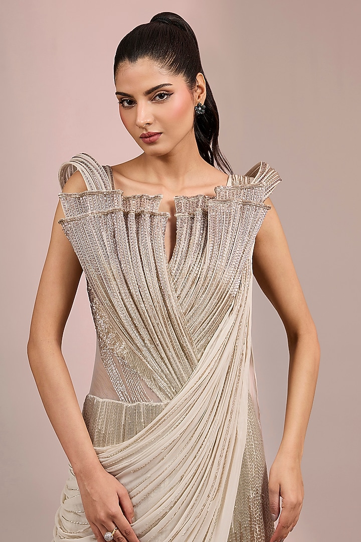 Sage Gold Woven Rayon Georgette Sculpted Bridal Lehenga Saree by Gaurav Gupta at Pernia's Pop Up Shop