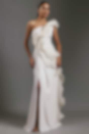 White Crepe One-Shoulder Ruffled Gown by Gaurav Gupta at Pernia's Pop Up Shop