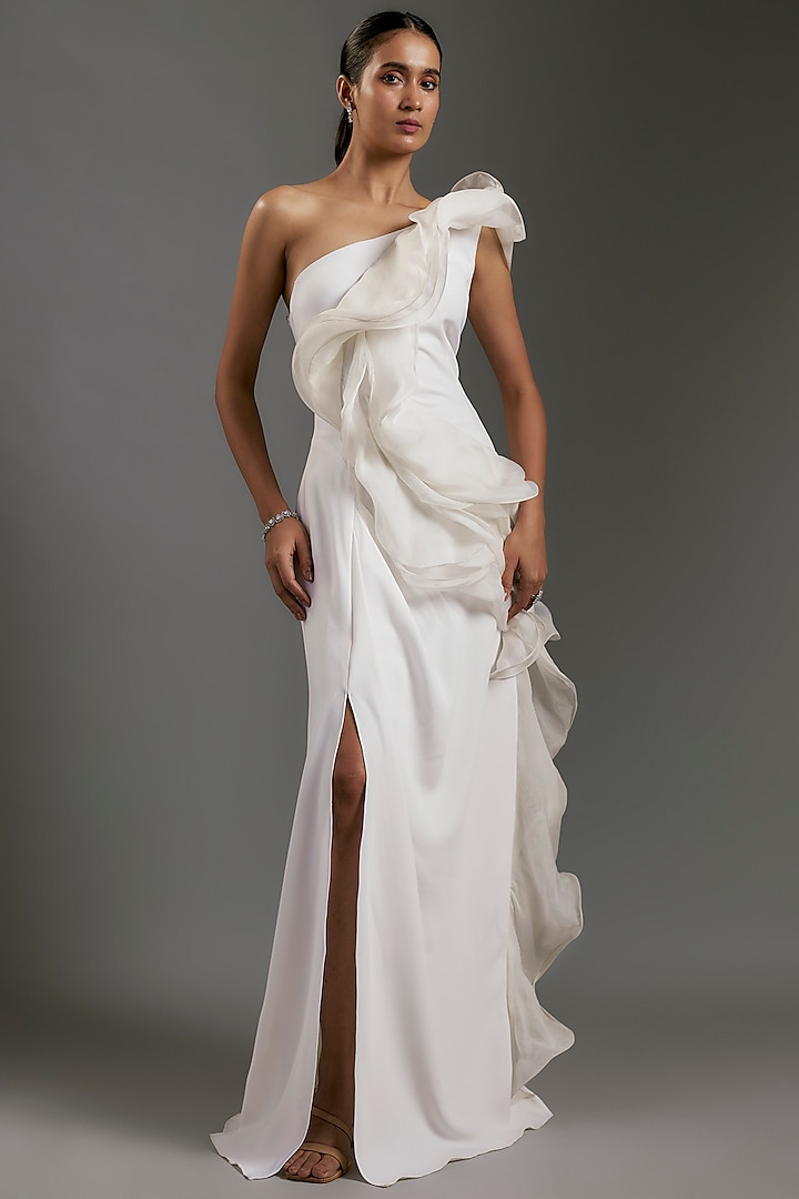 White Crepe One-Shoulder Ruffled Gown by Gaurav Gupta at Pernia's Pop Up Shop