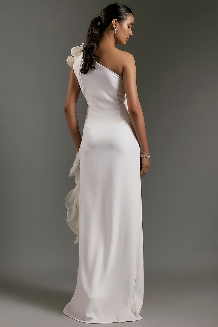 White Crepe One-Shoulder Ruffled Bridal Gown by Gaurav Gupta at Pernia's Pop Up Shop