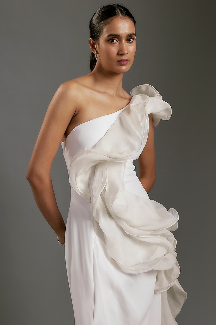 White Crepe One-Shoulder Ruffled Bridal Gown by Gaurav Gupta at Pernia's Pop Up Shop