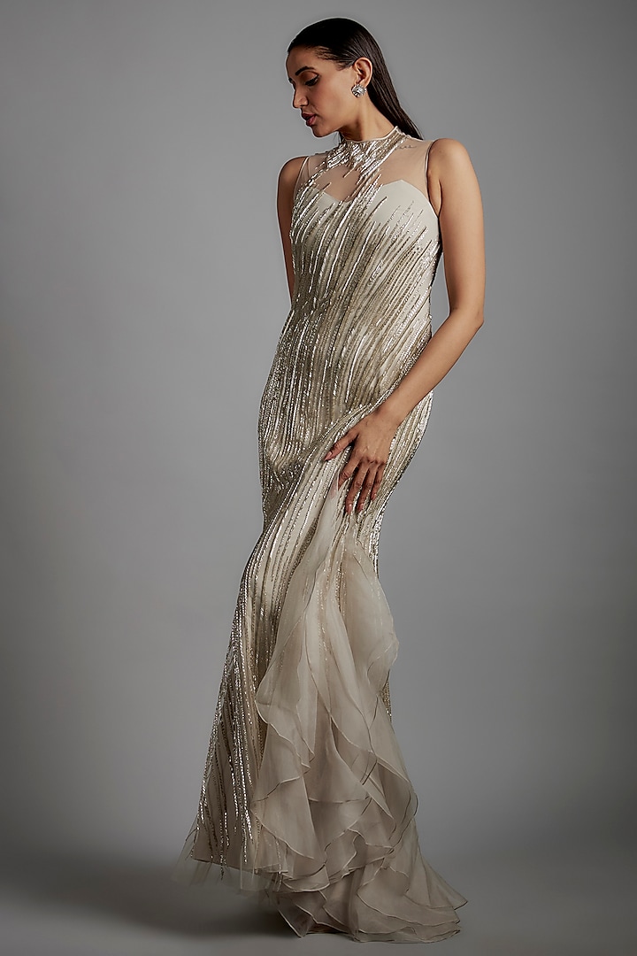 Sage Gold Tulle Bugle Bead Embroidered Gown by Gaurav Gupta
