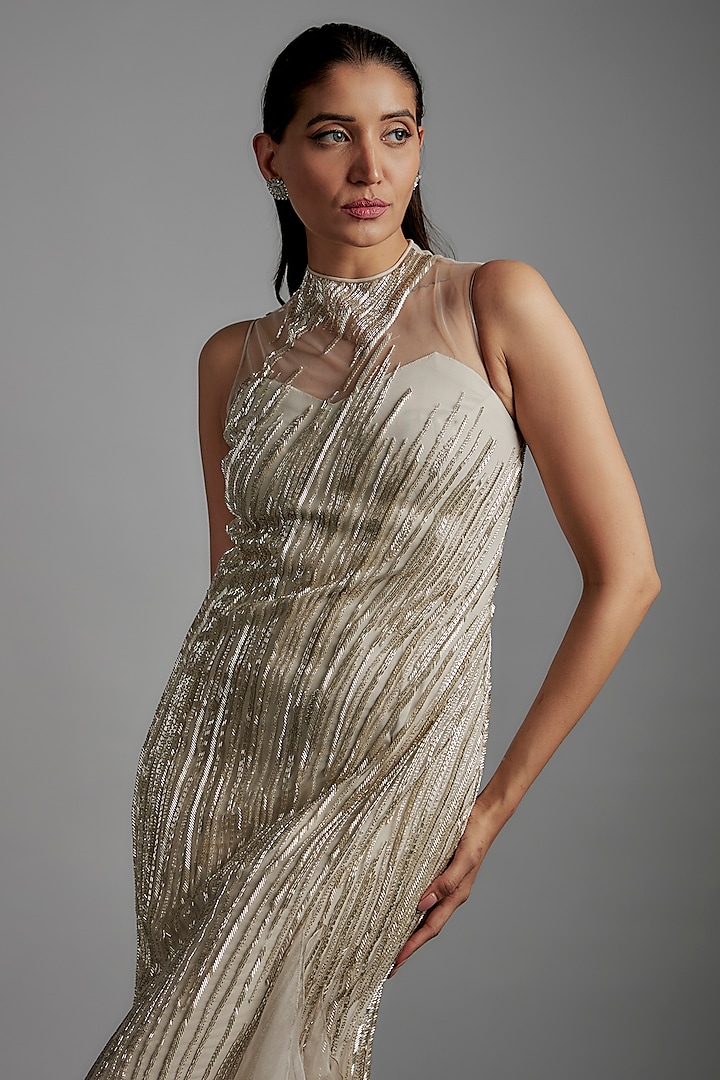 Sage Gold Tulle Bugle Bead Embroidered Bridal Gown by Gaurav Gupta at Pernia's Pop Up Shop