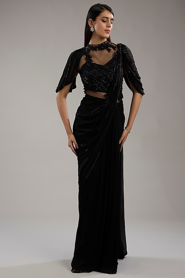 Black Viscose Georgette Bugle Bead Embroidered Draped Gown Saree by Gaurav Gupta at Pernia's Pop Up Shop