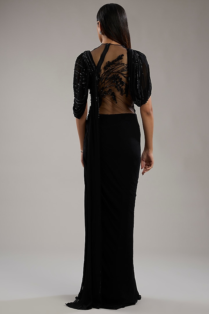 Black Viscose Georgette Bugle Bead Embroidered Draped Bridal Gown Saree by Gaurav Gupta at Pernia's Pop Up Shop