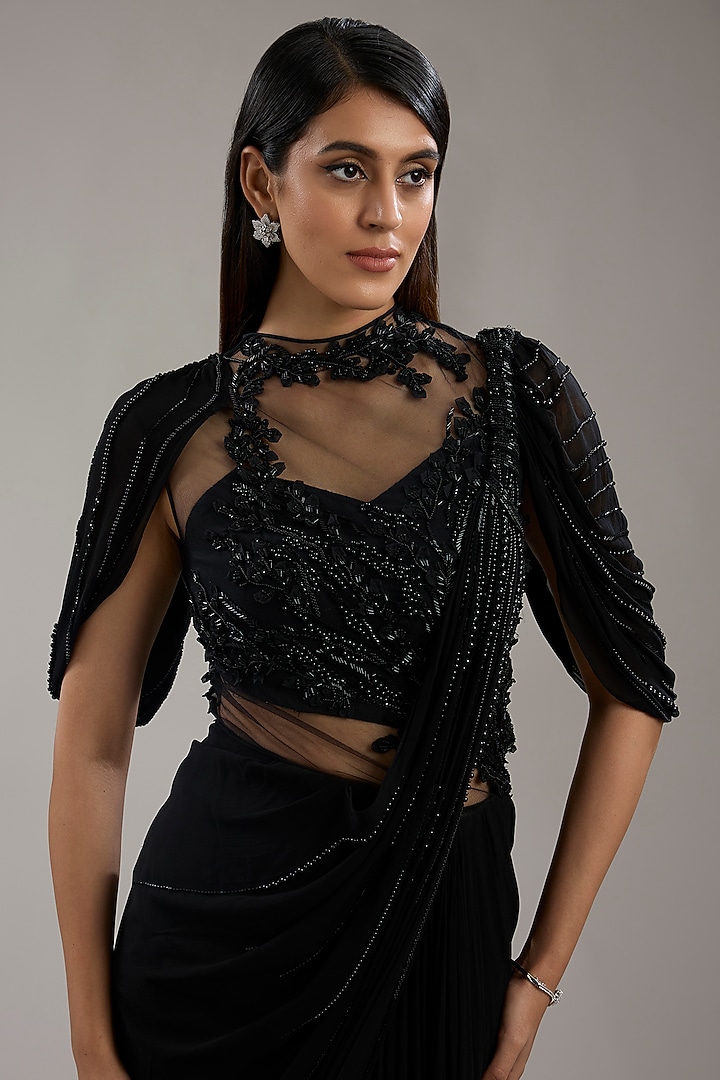 Black Viscose Georgette Bugle Bead Embroidered Draped Bridal Gown Saree by Gaurav Gupta at Pernia's Pop Up Shop