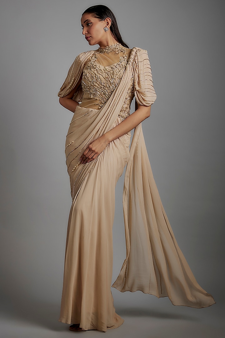 Rose Champagne Viscose Georgette Bugle Bead Embroidered Draped Gown Saree by Gaurav Gupta at Pernia's Pop Up Shop