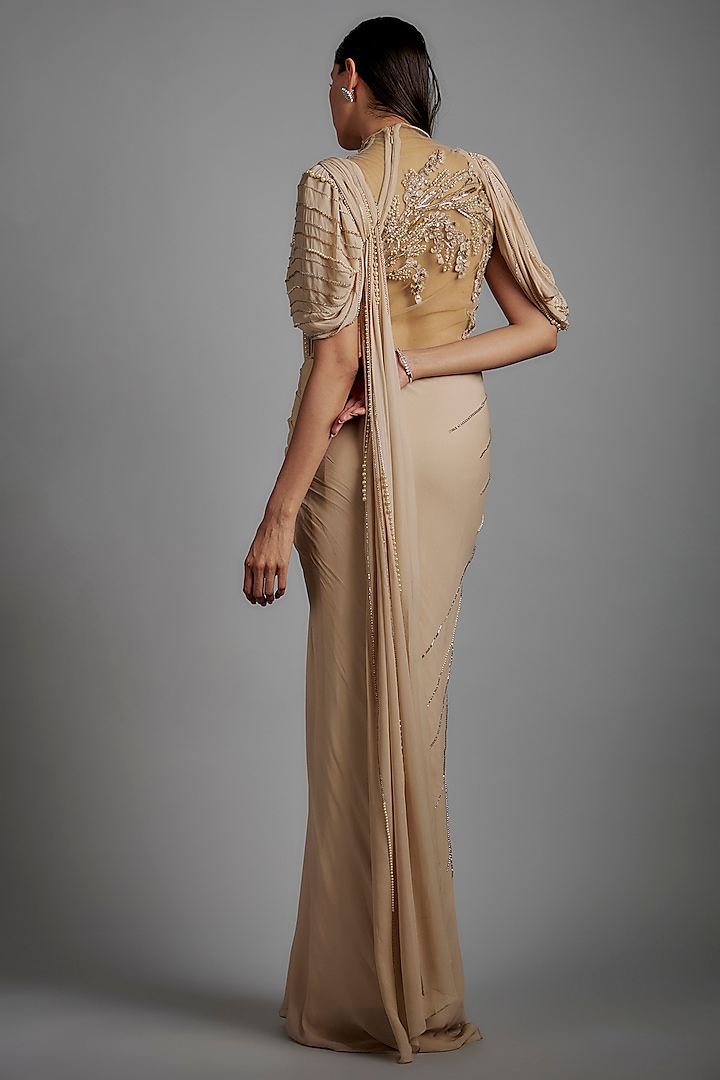 Rose Champagne Viscose Georgette Bugle Bead Embroidered Draped Bridal Gown Saree by Gaurav Gupta at Pernia's Pop Up Shop