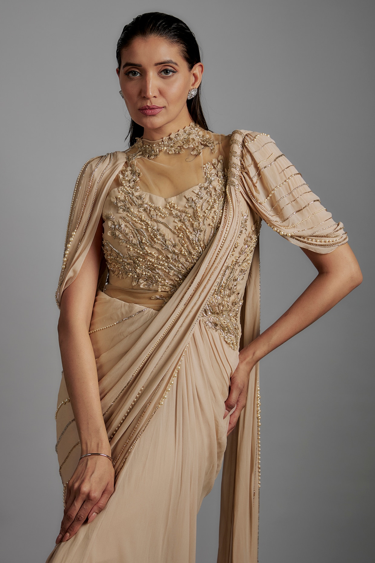 Georgette Embroidered Indo Western Saree Gowns, Full Sleeve at Rs 1799 in  Surat