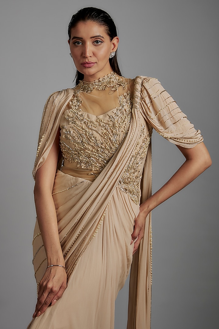 Rose Champagne Viscose Georgette Bugle Bead Embroidered Draped Bridal Gown Saree by Gaurav Gupta at Pernia's Pop Up Shop