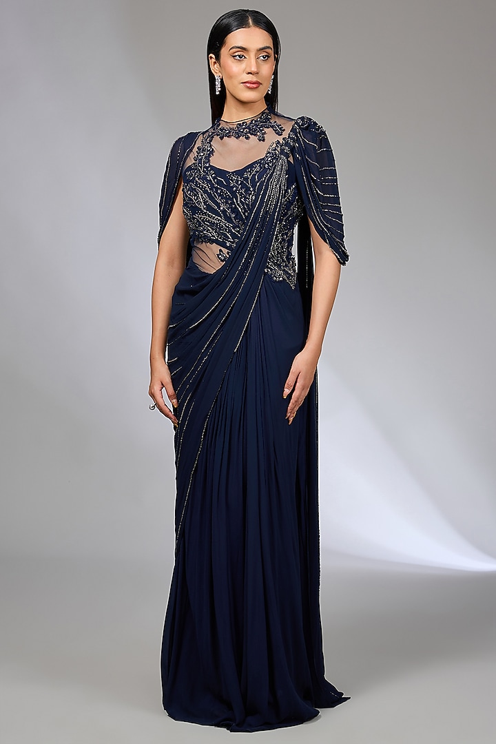 Midnight Blue Viscose Georgette Bugle Beads Embroidered Gown Saree by Gaurav Gupta at Pernia's Pop Up Shop