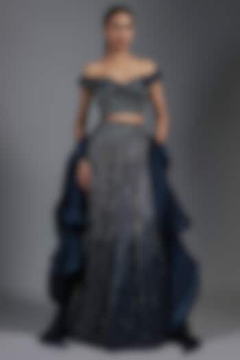 Midnight Blue Rayon Georgette Sequins Embellished Bridal Lehenga Set by Gaurav Gupta at Pernia's Pop Up Shop