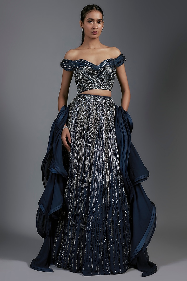 Midnight Blue Rayon Georgette Sequins Embellished Bridal Lehenga Set by Gaurav Gupta at Pernia's Pop Up Shop