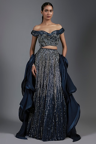 Midnight Blue Rayon Georgette Sequins Embellished Lehenga Set by Gaurav Gupta