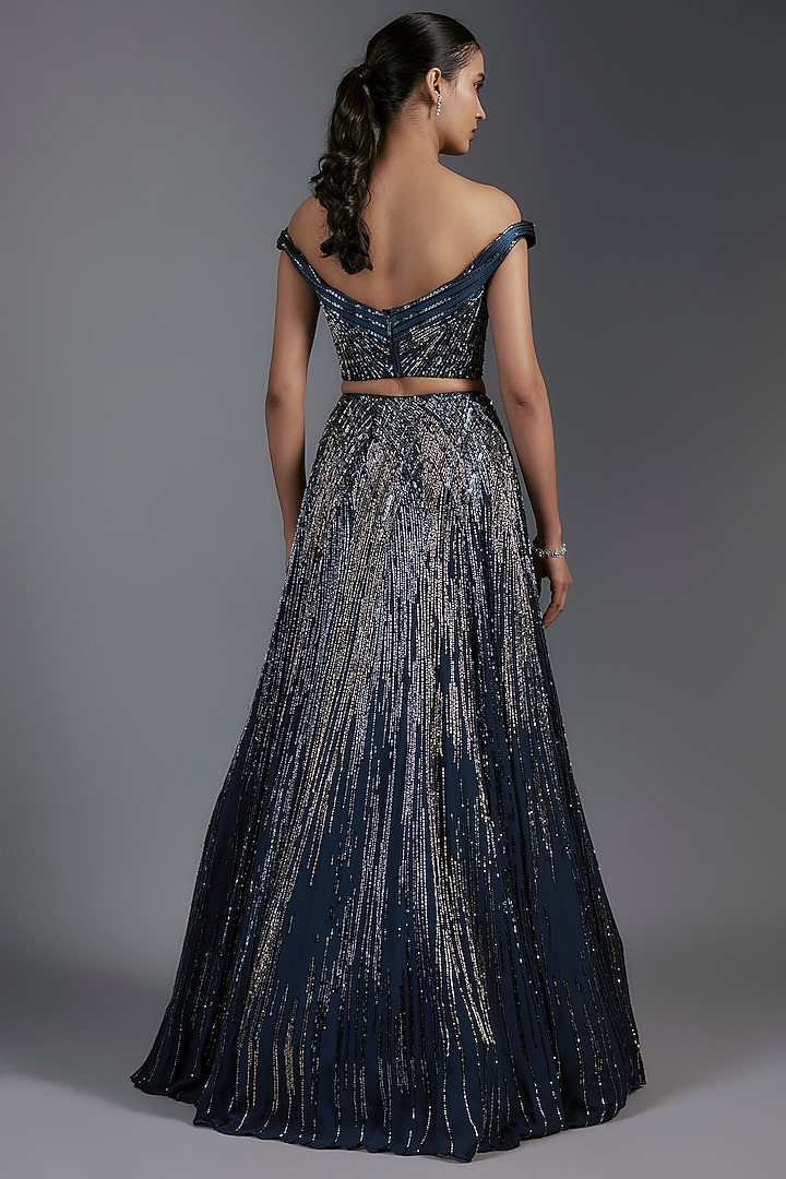 Midnight Blue Rayon Georgette Sequins Embellished Bridal Lehenga Set by Gaurav Gupta at Pernia's Pop Up Shop