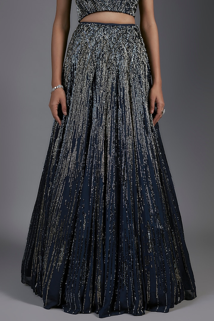 Midnight Blue Rayon Georgette Sequins Embellished Bridal Lehenga Set by Gaurav Gupta at Pernia's Pop Up Shop
