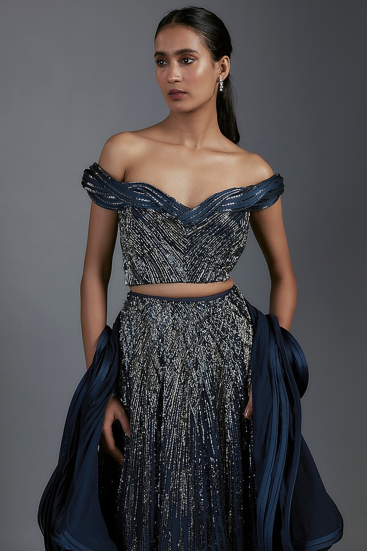 Midnight Blue Rayon Georgette Sequins Embellished Bridal Lehenga Set by Gaurav Gupta at Pernia's Pop Up Shop