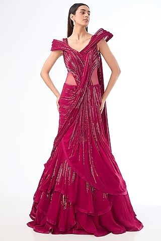 Fuchsia Viscose Georgette Embroidered Lehenga Saree by Gaurav Gupta