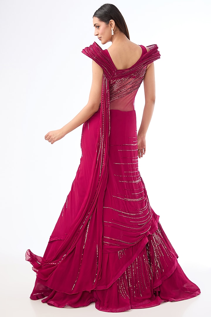 Fuchsia Viscose Georgette Embroidered Bridal Lehenga Saree by Gaurav Gupta at Pernia's Pop Up Shop