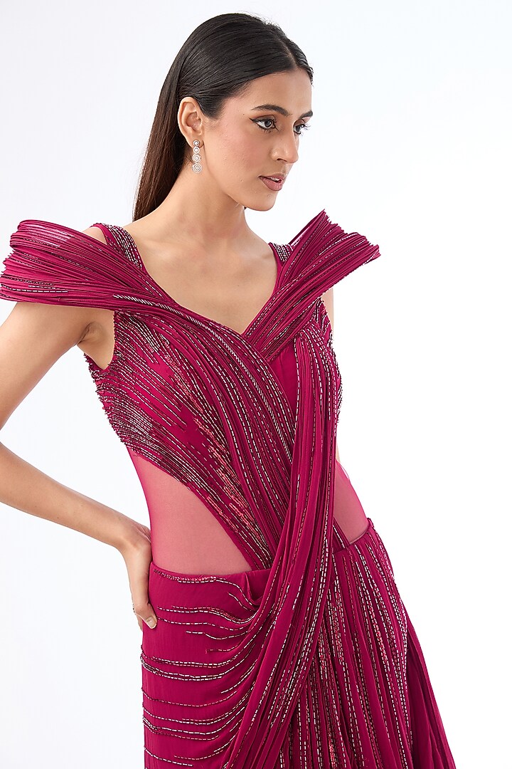 Fuchsia Viscose Georgette Embroidered Bridal Lehenga Saree by Gaurav Gupta at Pernia's Pop Up Shop