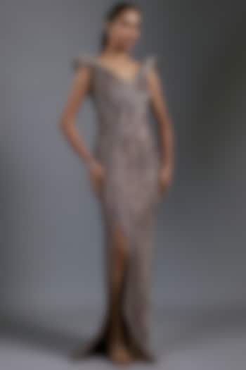 Dark Lavender Silk Crepe 3D Bugle Beads Embroidered Gown by Gaurav Gupta at Pernia's Pop Up Shop