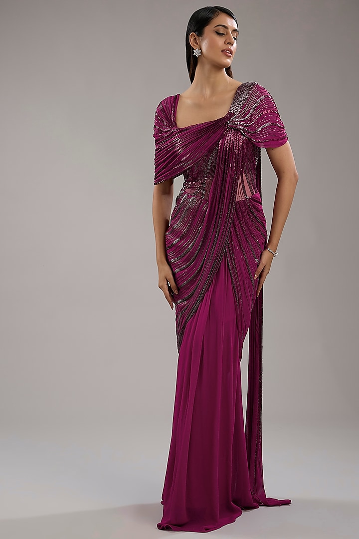 Fuchsia Viscose Georgette Bugle Bead Embroidered Draped Gown Saree by Gaurav Gupta at Pernia's Pop Up Shop